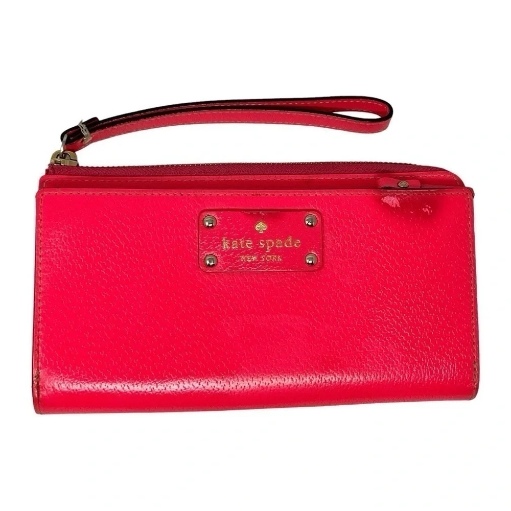 Kate Spade Leather Wristlet Wallet Layton Wellesley WLRU1779 Bright Hot Pink - Picture 1 of 13